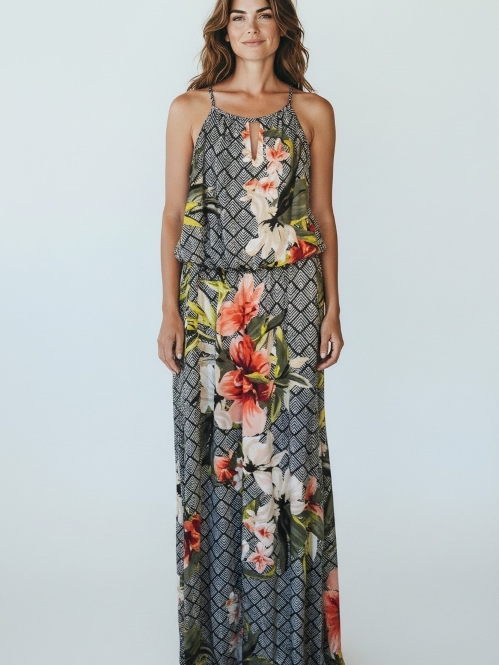 White House Black Market Black Maxi with Coral & Cream Floral Print
